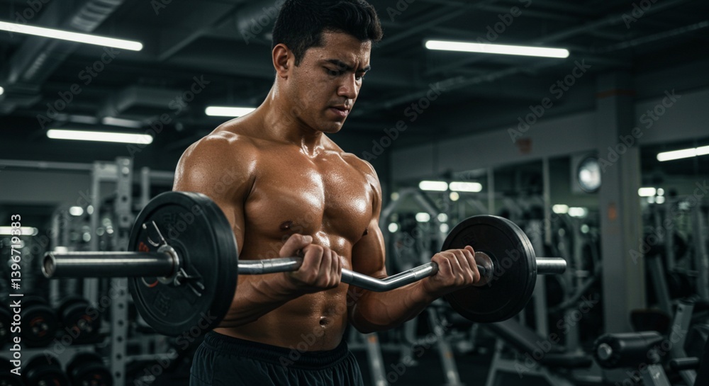 Muscular Man Bicep Curls with Barbell Muscular Man Bicep Curls with Barbell