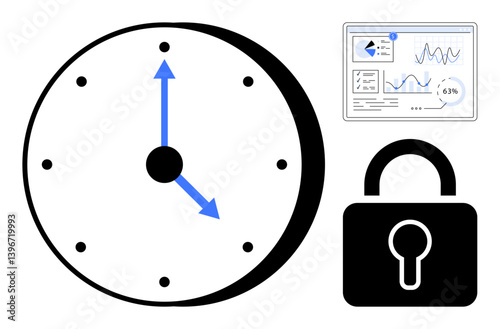 Clock with marked time, analytics dashboard showing graphs, and a padlock as a security icon. Ideal for productivity, analysis, efficiency, planning, cybersecurity, scheduling business strategies