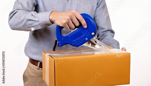 Man Sealing Cardboard Box with Tape Dispenser in Packaging Process

