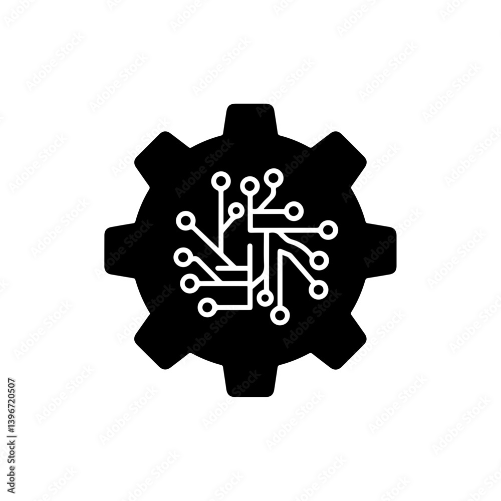 Black Filled Icon of Gear with Neural Branches Representing Hybrid AI Black Filled Icon of Gear with Neural Branches Representing Hybrid AI
