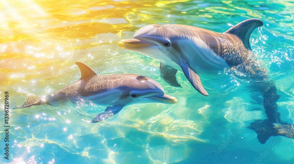 Obraz premium Dolphins swimming in sunlit tropical waters. Mother's Day, Mothering Sunday, Dia de la Madre - Global Maternal Celebration, Worldwide Family Holiday