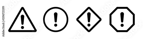 Set of warning icons. Set of exclamation marks in various shape , circle, shield, hexagon, and triangle. Set of vector icons for UI, signs, alerts, safety, icon, vector,.