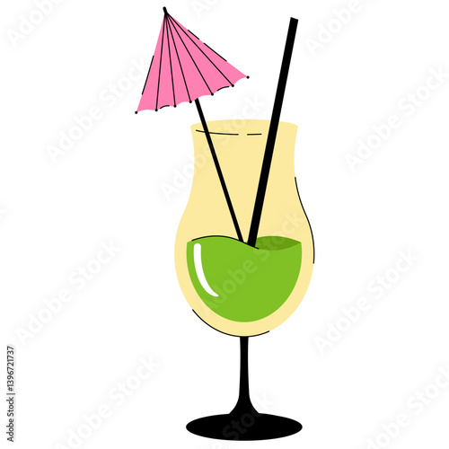 Summer tropical cocktail. Alcoholic or nonalcoholic drink in glass with umbrella. Vector illustration on white background for pub, bar, cafe, restaurant