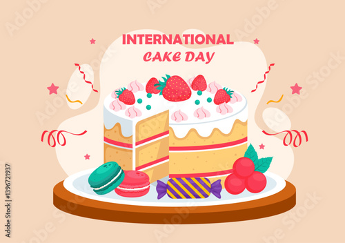Vector illustration celebrating National Cake Day with colorful cakes and festive decorations.