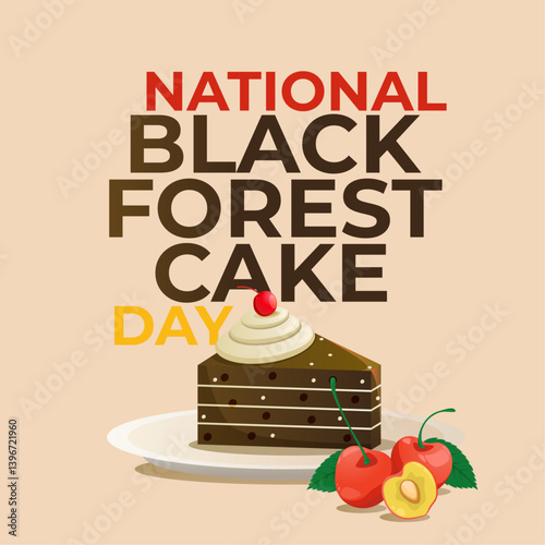 Vector illustration celebrating National Black Forest Cake Day with colorful cakes and festive decorations.