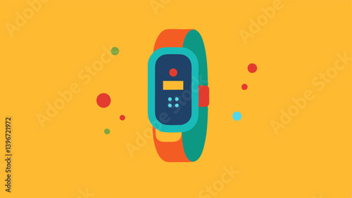 Fitness Tracker with Step Count A colorful fitness tracker worn on a wrist featuring a visible step count on the screen surrounded by stylized footprints.