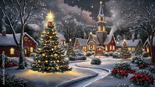 A Charming Snowy Christmas Village at Night