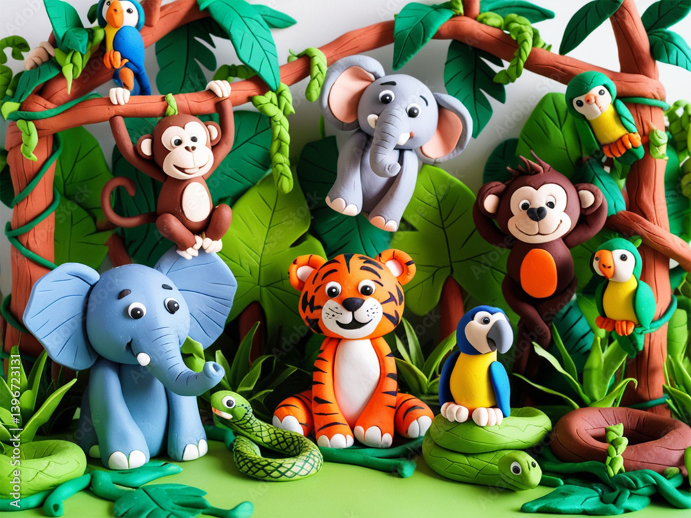 Fototapeta premium A forest made of clay filled with cute animals