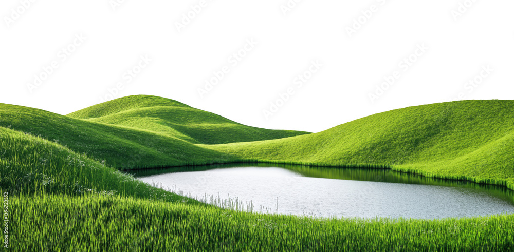 Fototapeta premium Landscape with lake surrounded with green hills, isolated on a transparent background