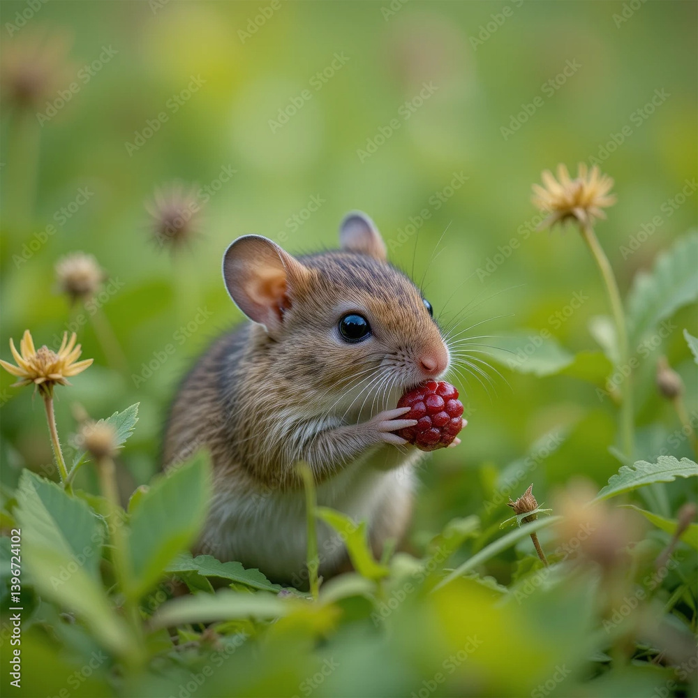 Small rodent enjoys fresh berry in a lush green field during a sunny day in springtime, Small rodent enjoys fresh berry in a lush green field during a sunny day in springtime,