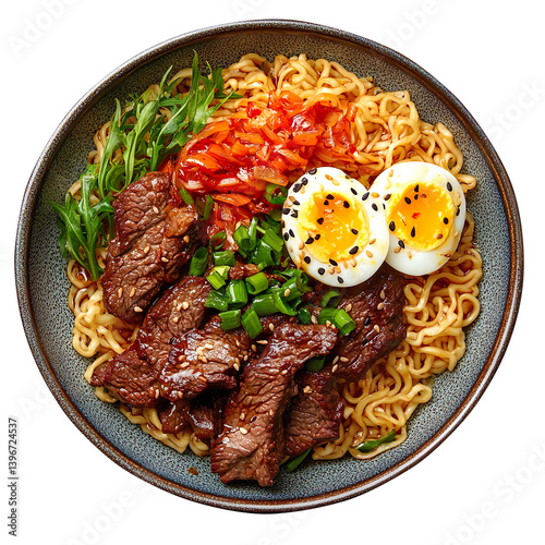 A beautifully plated Asian-inspired dish featuring tender beef, a soft-boiled egg, and noodles, showcasing vibrant colors and textures isolated on a white background