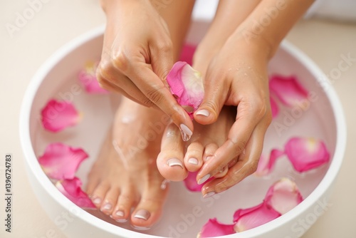 A Relaxing Spa Day: Pampering Feet with Rose Petals.  A moment of serenity and beauty, indulging in a luxurious foot treatment.  Experience the delicate touch and care for ultimate relaxation.