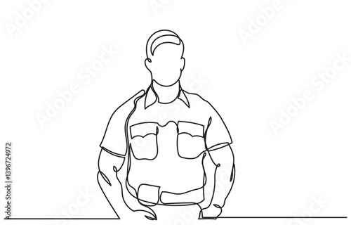 Continuous line drawing shows a policeman with wearing a uniform.Single line police officer traffic and public service. The male officer represents law enforcement and security in the city. Security 