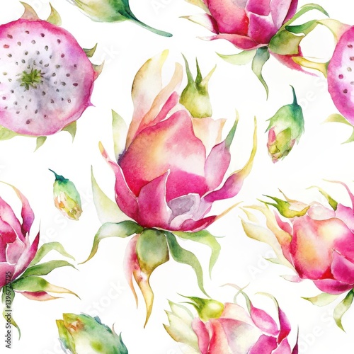Seamless Watercolor Dragon Fruit Pattern