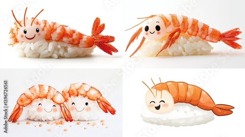 Cute cartoon shrimp sushi illustrations.