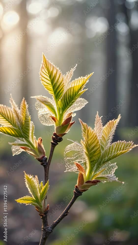 Close-up of vibrant green leaves unfurling on a branch, backlit by soft sunlight in a forest setting, highlighting spring season Close-up of vibrant green leaves unfurling on a branch, backlit by soft sunlight in a forest setting, highlighting spring season