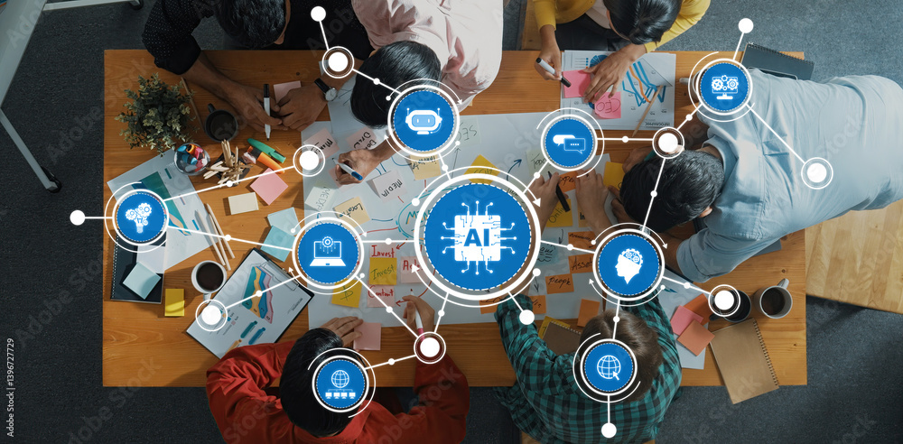 A diverse team engages in a creative brainstorming session focused on artificial intelligence, showcasing collaboration and the digital connections of their ideas. Amity