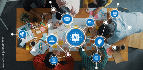 A diverse team engages in a creative brainstorming session focused on artificial intelligence, showcasing collaboration and the digital connections of their ideas. Amity