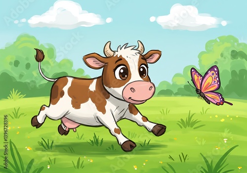 Cow Cartoon Character Chasing Butterfly in Grassy Field on Sunny Day
