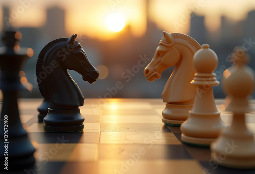 Two Chess Knights Battling with Cityscape Background – Strategy and Power Concept