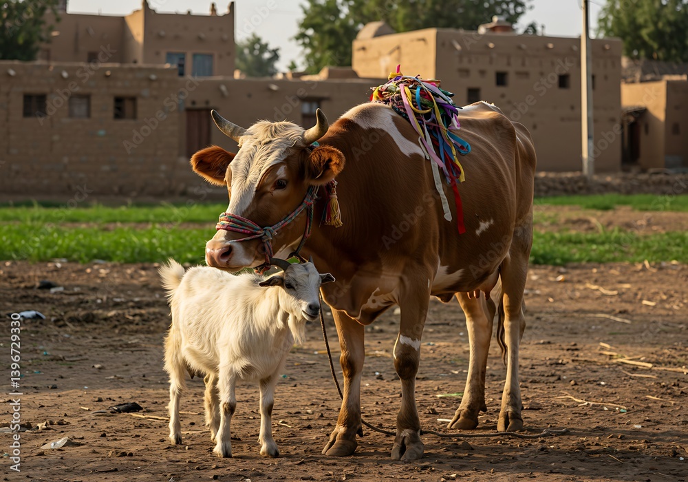 Cow and Goat Standing Together in Rural Village Setting at Daytime Cow and Goat Standing Together in Rural Village Setting at Daytime