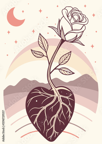 Love and life conceptual vector with anatomical heart and rose bloom, dreamy rainbow scene represents symbolic emotional transformation and self-awareness
