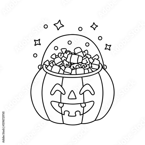 Jack-o’-lantern candy bucket vector filled with sweets in clean outline style for Halloween and festive fun