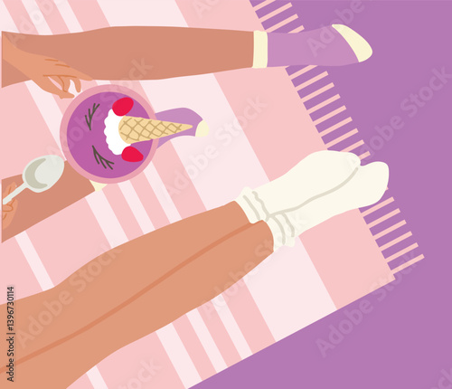 Two couple women legs on the floor up view flat style with cup