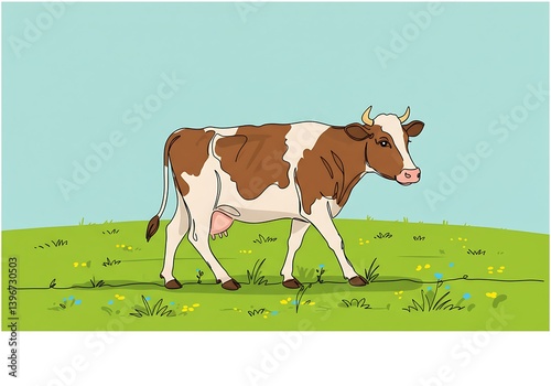 Walking Cow in a Meadow Illustration with Brown and White Markings