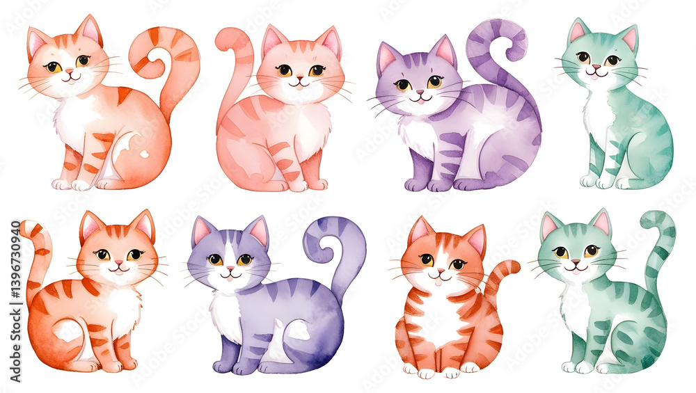 Fototapeta premium Watercolor Children's Illustrations with Cute Cats – Playful and Whimsical Art