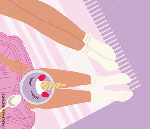 Two couple women legs on the floor up view flat style with cup