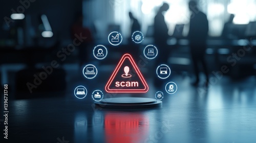 A red triangular warning icon displayed on a blurred digital background representing the need for vigilance against online scams fraud and cybersecurity threats