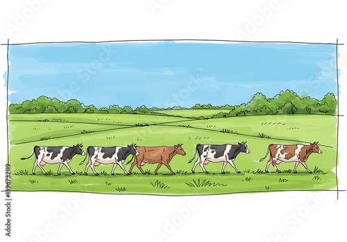 Cows Walking in the Green Meadow Livestock Illustration for Agriculture