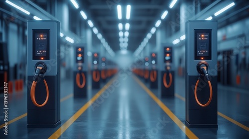 Electric vehicle chargers align in a long industrial setting with bright fluorescent lights