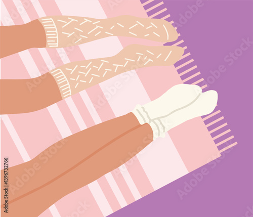 Two couple women legs on the floor up view flat style with cup