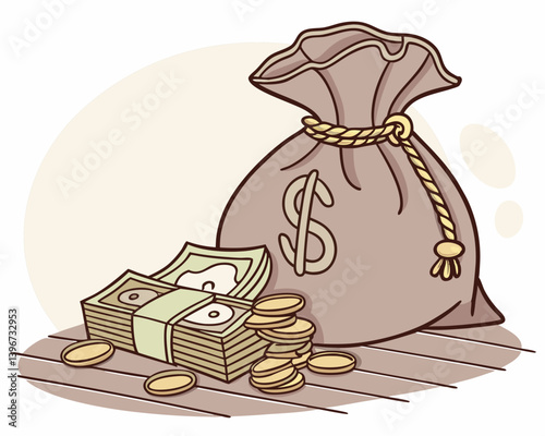 Money bag overflowing with cash and coins on wooden surface  
