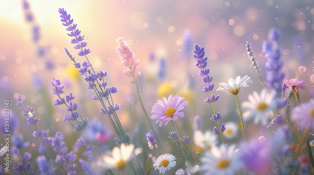 Naklejka premium Dreamy Spring Wildflowers in Soft Pastel Light 