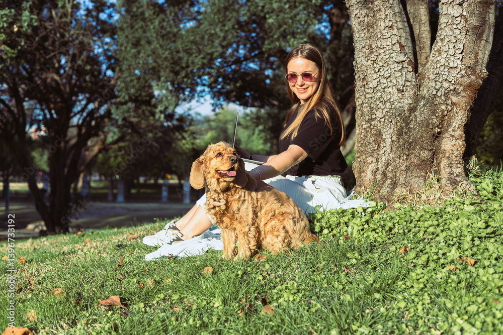 Cocker spaniel enjoys a sunny day in the park with its owner showing love and joy Cocker spaniel enjoys a sunny day in the park with its owner showing love and joy