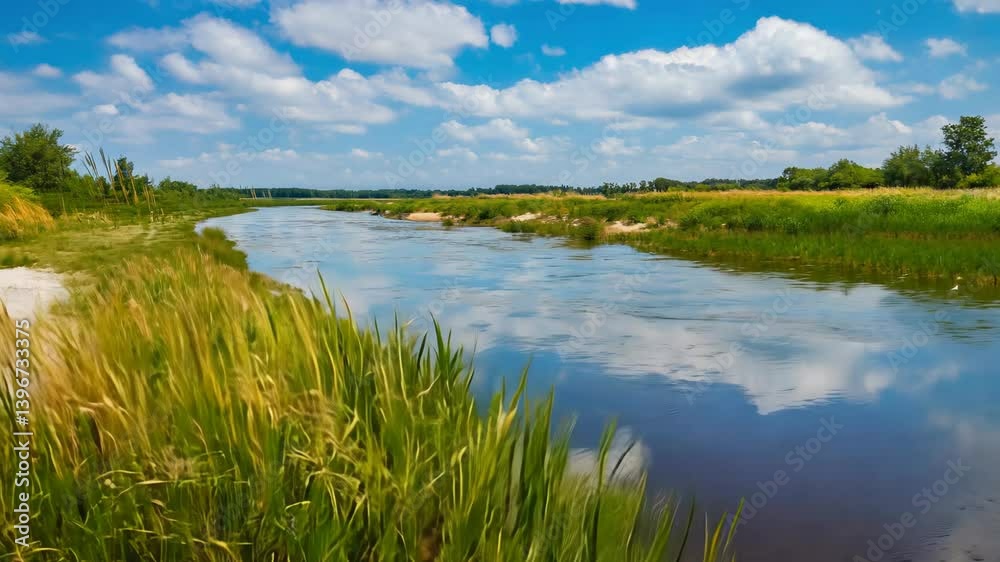 Picturesque River Landscape with Lush Green Banks and Cloud Reflections in the Clear Water on a Sunny Day Picturesque River Landscape with Lush Green Banks and Cloud Reflections in the Clear Water on a Sunny Day