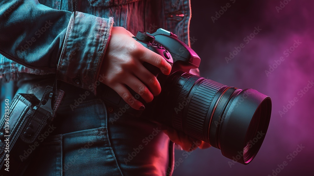 Naklejka premium A close-up shot of a photographer holding a professional camera against a vibrant, colorful background. The image captures the passion and artistry involved in photography.