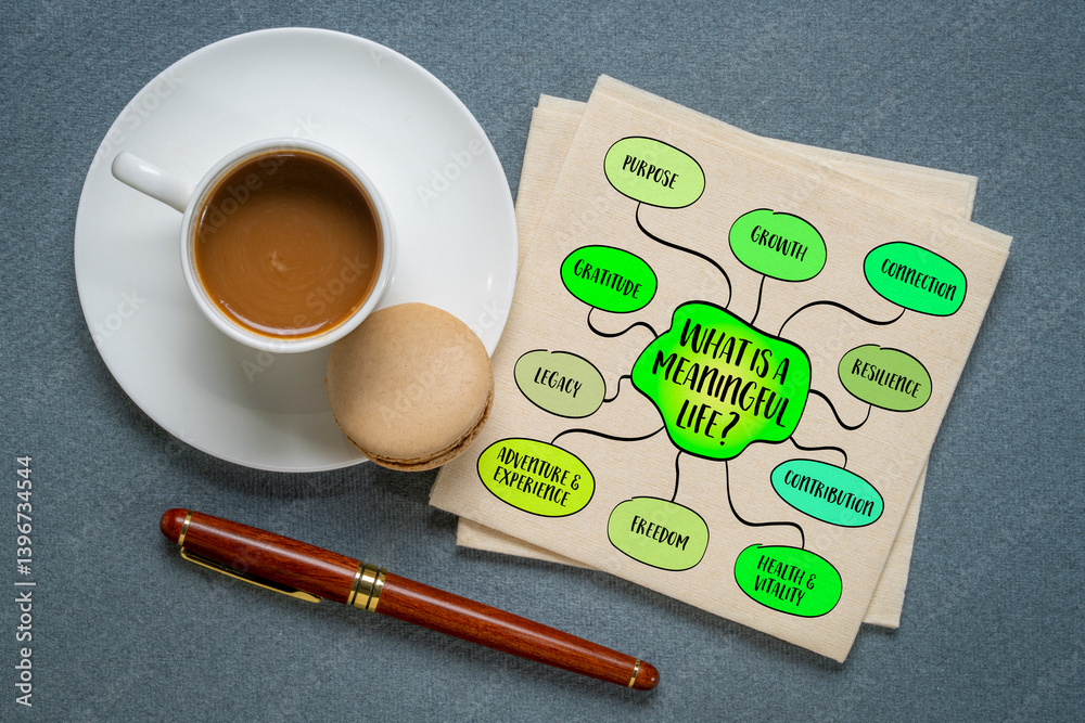 Obraz premium What is a meaningful life? A timeless philosophical inquiry that has been explored by thinkers, religious leaders, and ordinary people for centuries. Infographics sketch.