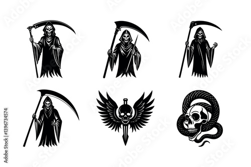 Set of Death and Grim Reaper Silhouettes for Halloween or Tattoo Design