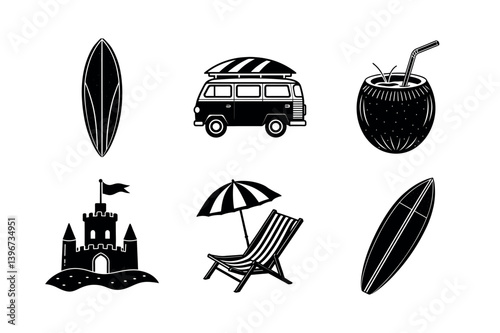 Classic Summer Vacation Icons in Silhouette Style