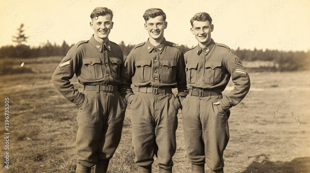 Fototapeta premium Vintage World War Soldiers in Military Uniforms: A Black and White Portrait of Army Camaraderie and Bravery in Historical Outdoor Landscape