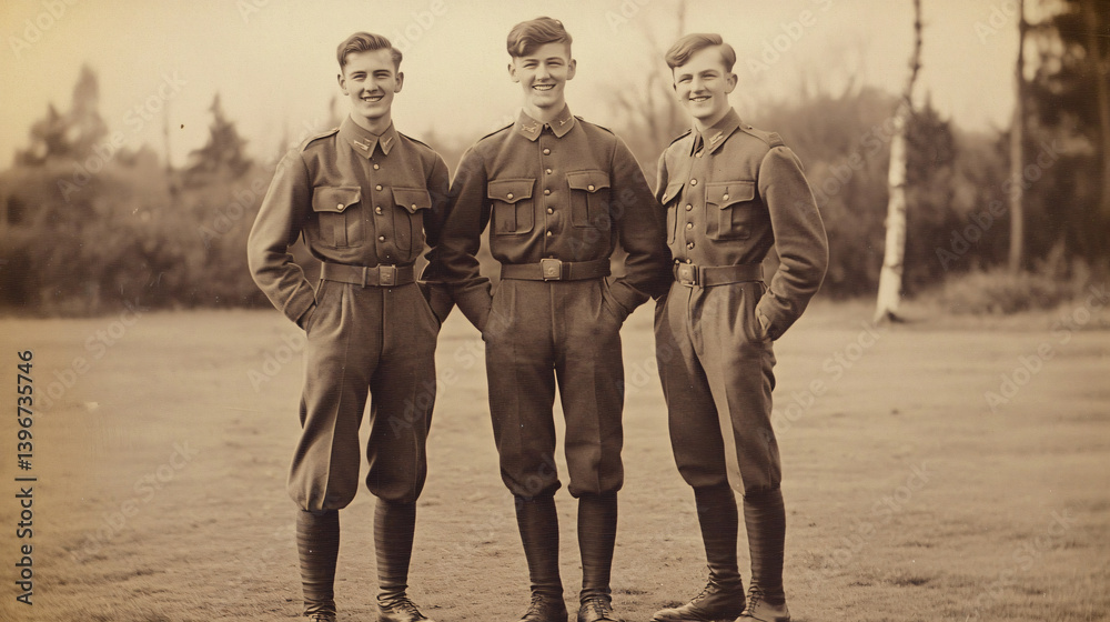 Fototapeta premium Vintage Military Portrait: Historical Black and White Photo of WWI Soldiers in Uniform