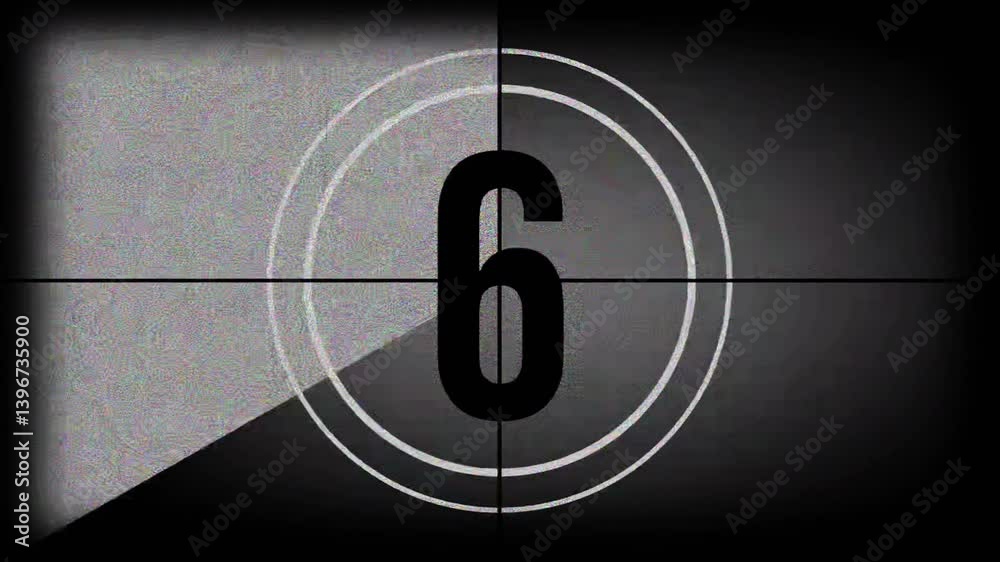 Vintage, old, retro projected film head leader with realtime countdown clock from 10 to 0