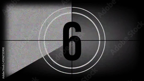 Vintage, old, retro projected film head leader with realtime countdown clock from 10 to 0