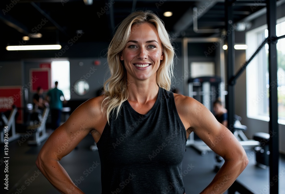 Fit woman smiling confidently in a modern gym setting Fit woman smiling confidently in a modern gym setting