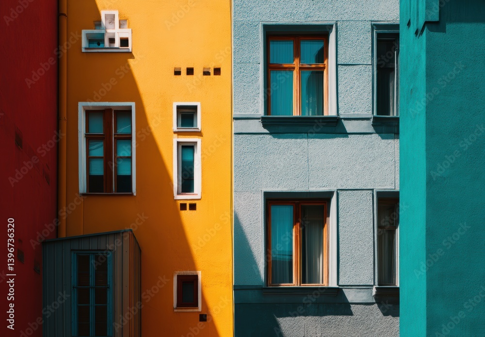 Obraz premium Vibrant building facades with bold colors creating an eye-catching urban scene under bright sunlight.