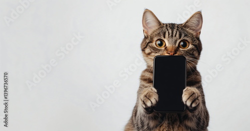 Tabby cat holding smartphone for online sale ad, demonstrating mobile device, showing modern gadget, inviting to shop, attracting attention deals online